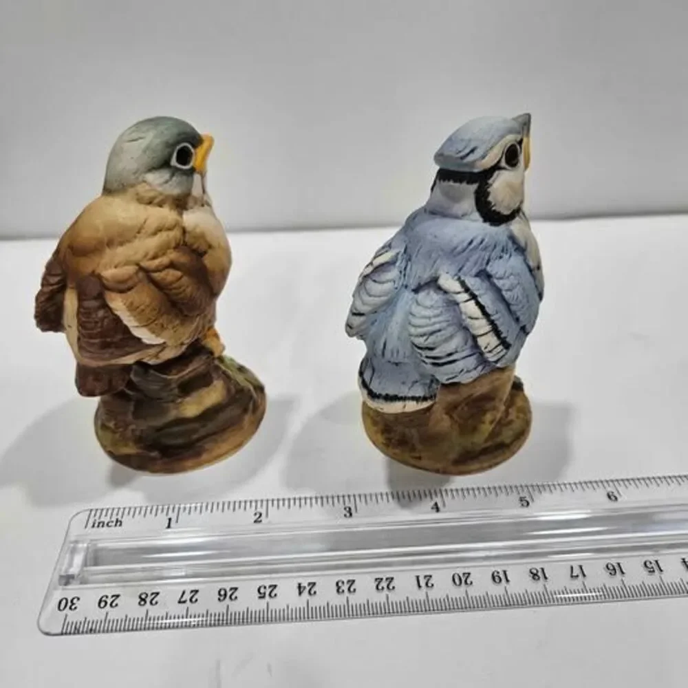 Set of 2 Ceramic Bird Figurines Blue Jay & Brown Bird